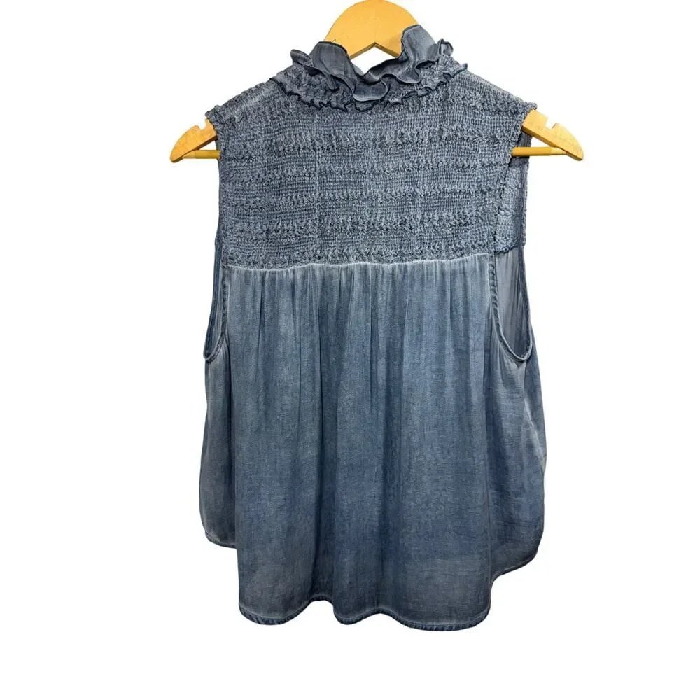 FREE PEOPLE Women's Ruffle Me Up Semi Sheer Smocked Sleeveless Top Blue Small